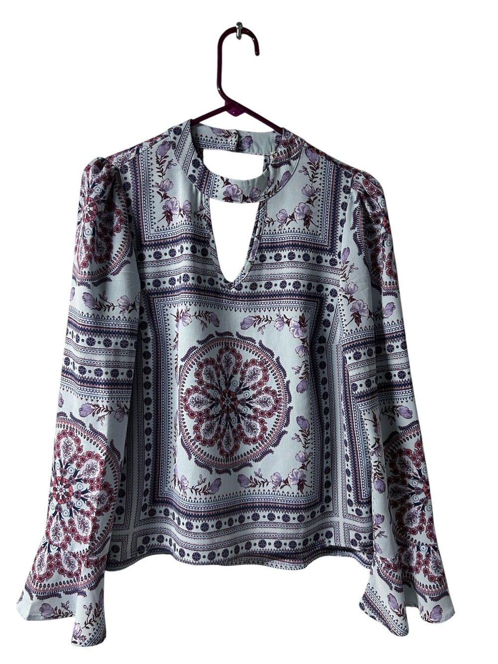 Boho Medallion Print Keyhole Blouse - Blue & Purple Sz. L NWOT